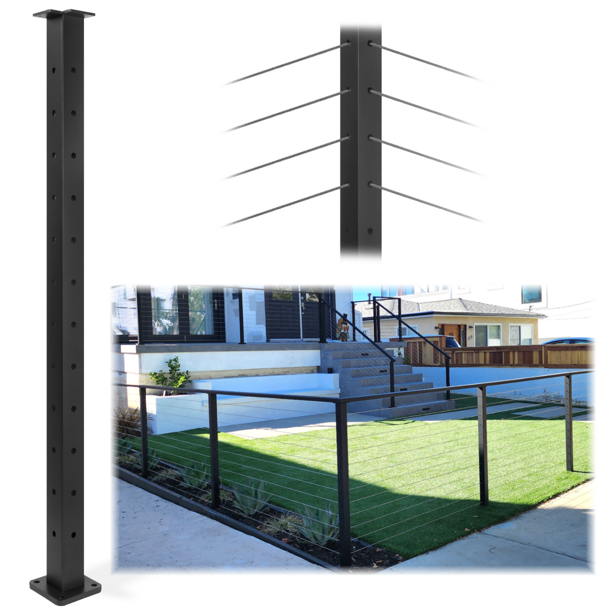Corner Aluminum Post Black with 3 side Holes